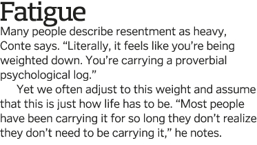 Fatigue  Many people describe resentment as heavy, Conte says   Literally, it feels like you re being weighted down     