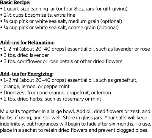 Basic Recipe:    1 quart-size canning jar (or four 8 oz  jars for gift-giving)    2  cups Epsom salts, extra fine       