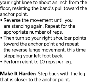 your right knee to about an inch from the floor, resisting the band s pull toward the anchor point     Reverse the mo   