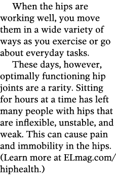 When the hips are working well, you move them in a wide variety of ways as you exercise or go about everyday tasks  T   