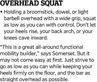 Overhead Squat    Holding a broomstick, dowel, or light barbell overhead with a wide grip, squat as low as you can wi   