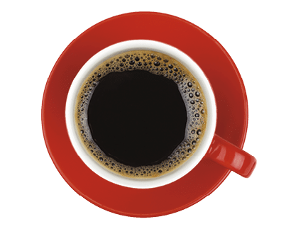 One full morning Americano black coffee with froth edge in small red cup with saucer isolated on white background, top view