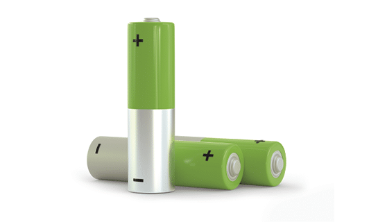 Two yellow AA size batteries isolated on white background close up, carbon zinc batteries, rechargeable batteries, mockup  3D rendering illustration