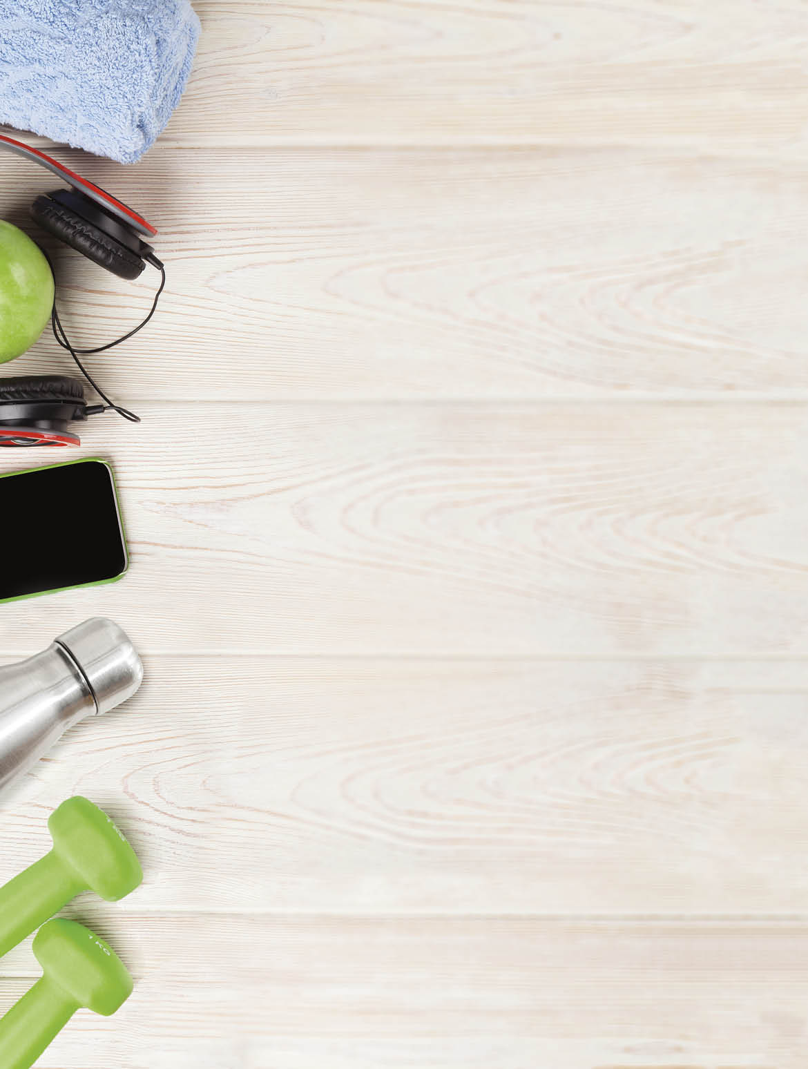 Dumbbells, water bottle, smartphone, headphones and tape measure  Fitness concept  Top view with copy space