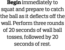 Begin immediately to squat and prepare to catch the ball as it deflects off the wall  Perform three rounds of 20 seco   