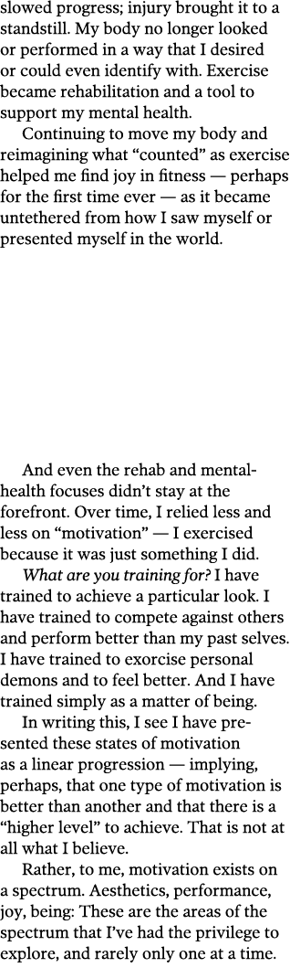 slowed progress; injury brought it to a standstill  My body no longer looked or performed in a way that I desired or    