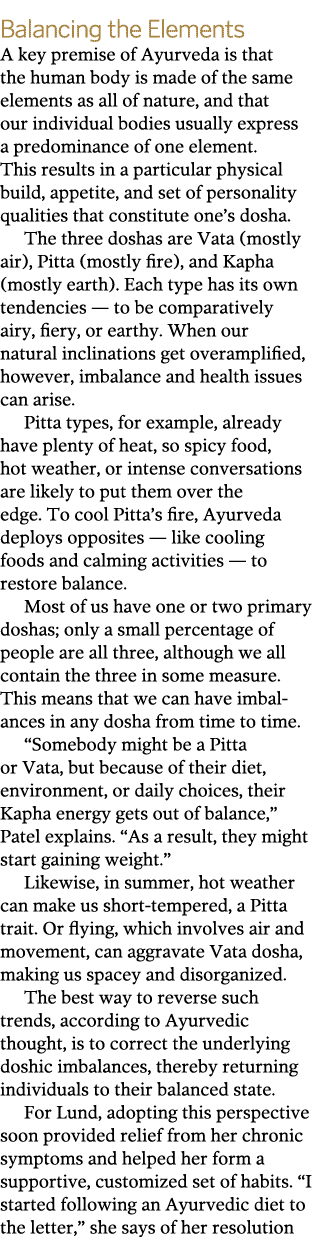 Balancing the Elements A key premise of Ayurveda is that the human body is made of the same elements as all of nature   