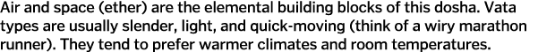 Air and space (ether) are the elemental building blocks of this dosha  Vata types are usually slender, light, and qui   