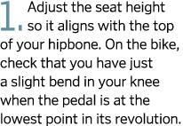 1. Adjust the seat height so it aligns with the top of your hipbone. On the bike, check that you have just a slight b...