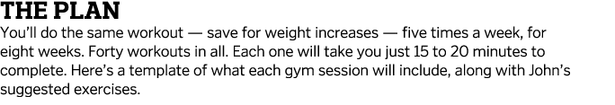 The Plan You’ll do the same workout — save for weight increases — five times a week, for eight weeks. Forty workouts ...