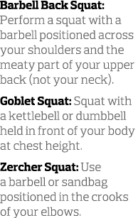Barbell Back Squat: Perform a squat with a barbell positioned across your shoulders and the meaty part of your upper ...