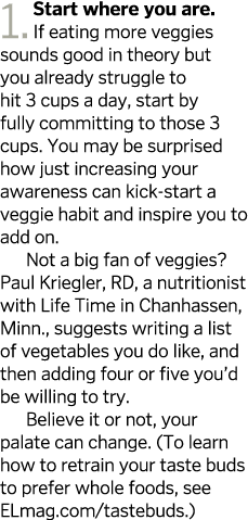 1.Start where you are. If eating more veggies sounds good in theory but you already struggle to hit 3 cups a day, sta...