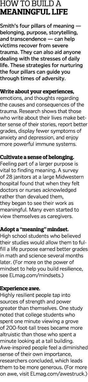 How to Build a Meaningful Life  Smith’s four pillars of meaning — belonging, purpose, storytelling, and transcendence...