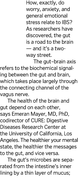 How, exactly, do worry, anxiety, and general emotional stress relate to IBS? As researchers have discovered, the gut ...