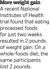 More weight gain A recent National Institutes of Health trial found that eating processed foods for just two weeks re   