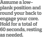 Assume a low-plank position and round your back to engage your core  Hold for a total of 60 seconds  resting as needed 