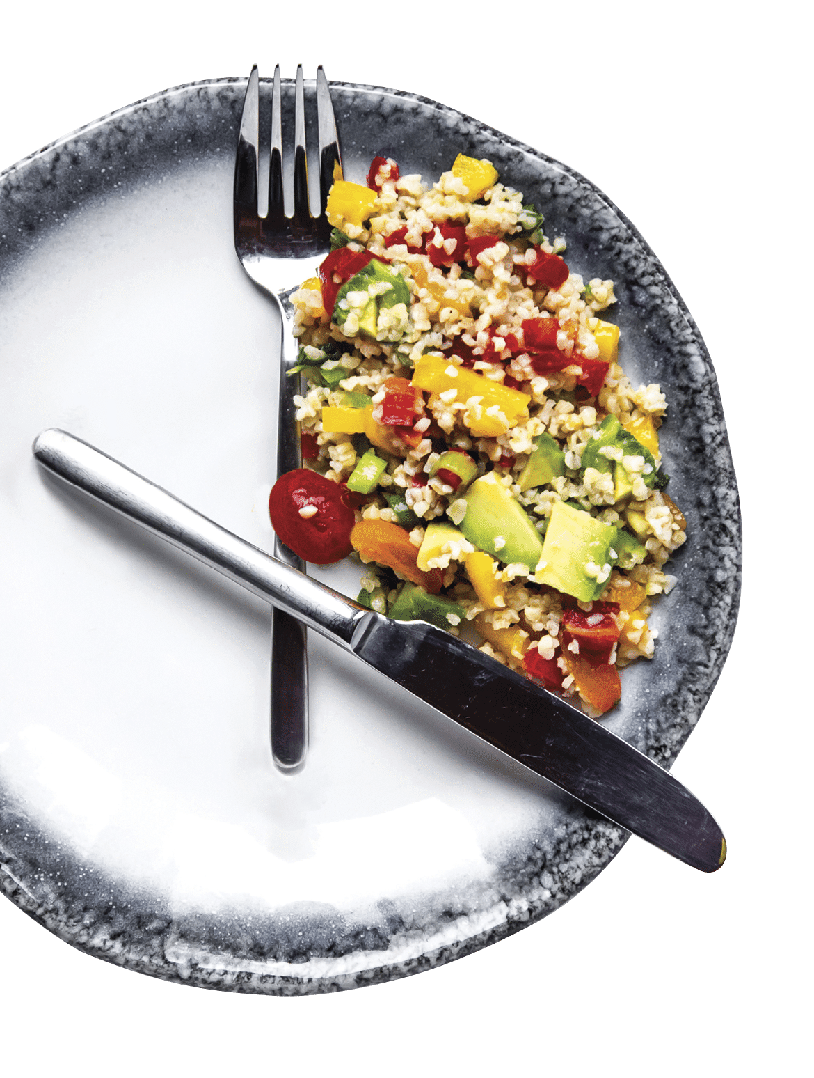 Bulgar salad on round plate  symbol for intermittent  fasting