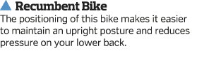   Recumbent Bike The positioning of this bike makes it easier to maintain an upright posture and reduces pressure on    
