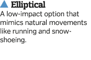  Elliptical A low-impact option that mimics natural movements like running and snow-shoeing  
