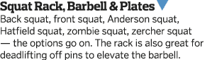 Squat Rack  Barbell   Plates    Back squat  front squat  Anderson squat  Hatfield squat  zombie squat  zercher squat    