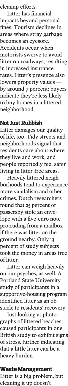 cleanup efforts  Litter has financial impacts beyond personal fines  Tourism declines in areas where stray garbage be   
