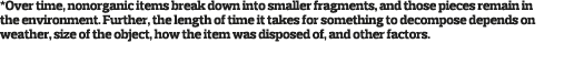  Over time  nonorganic items break down into smaller fragments  and those pieces remain in the environment  Further     