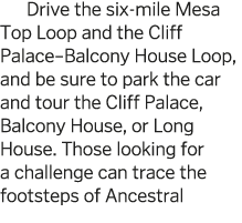 Drive the six-mile Mesa Top Loop and the Cliff Palace Balcony House Loop  and be sure to park the car and tour the Cl   