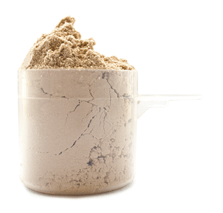 Whey protein powder with supplied scoop for measuring
