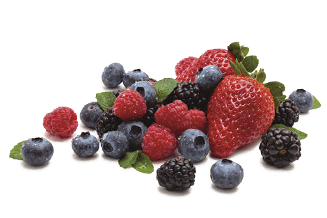 Mix of differrerent berries with leaves  Isolated on white 