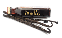 homemade gift, small bottle of vanilla extract and three vanilla beans isolated with shadows on a white background, copy space