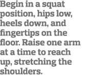 Begin in a squat position, hips low, heels down, and fingertips on the floor  Raise one arm at a time to reach up, st   
