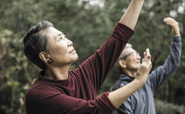 Senior couple doing Tai Chi outdoors