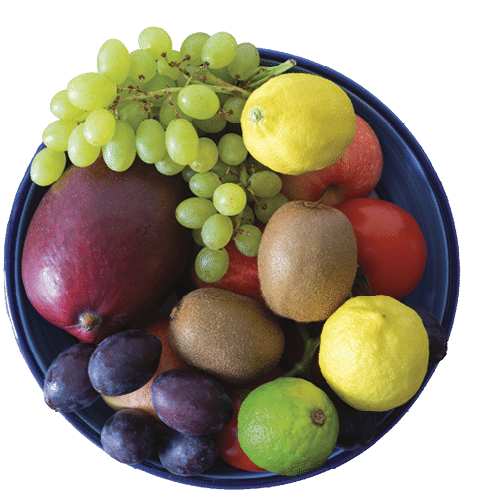 top view of pottery bowl filled with fresh fruits isolated on white background