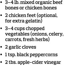     3 4 lb  mixed organic beef bones or chicken bones     2 chicken feet  optional  for extra gelatin      3 4 cups c   