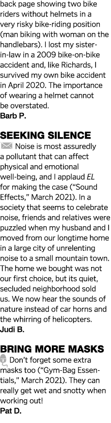 back page showing two bike riders without helmets in a very risky bike-riding position (man biking with woman on the    