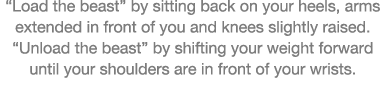  Load the beast  by sitting back on your heels, arms extended in front of you and knees slightly raised   Unload the    