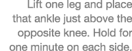 Lift one leg and place that ankle just above the opposite knee  Hold for one minute on each side  