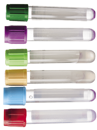 Collection of test tubes used for blood samples on white background 