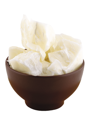 Coconut oil in brown bowl on wood board isolated on white background, copy space 