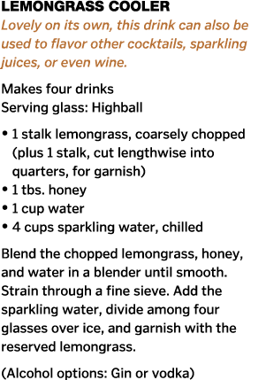 Lemongrass Cooler Lovely on its own, this drink can also be used to flavor other cocktails, sparkling juices, or even   