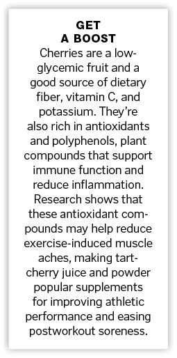 get a boost Cherries are a low-glycemic fruit and a good source of dietary fiber, vitamin C, and potassium  They re a   