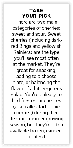 Take Your PIck There are two main categories of cherries: sweet and sour  Sweet cherries (including dark-red Bings an   