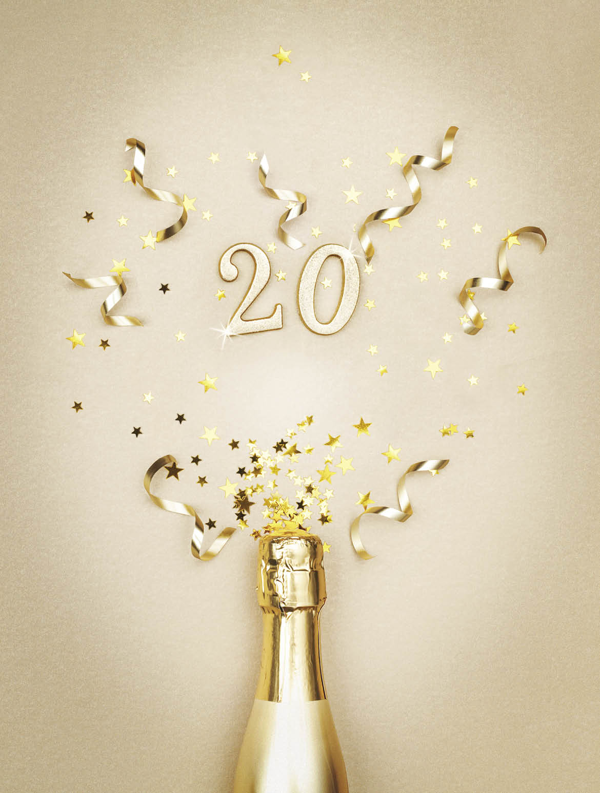 Creative Christmas and New Year composition with golden champagne bottle, party streamers, confetti stars and 2020 numbers  Flat lay style 