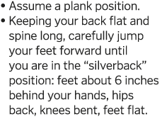    Assume a plank position     Keeping your back flat and spine long, carefully jump your feet forward until you are    