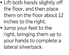    Lift both hands slightly off the floor, and then place them on the floor about 12 inches to the right     Jump you   