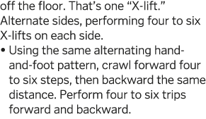 off the floor  That s one  X-lift   Alternate sides, performing four to six X-lifts on each side     Using the same a   