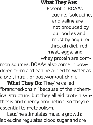 What They Are: Essential BCAAs leucine, isoleucine, and valine are not produced by our bodies and must by acquired th   
