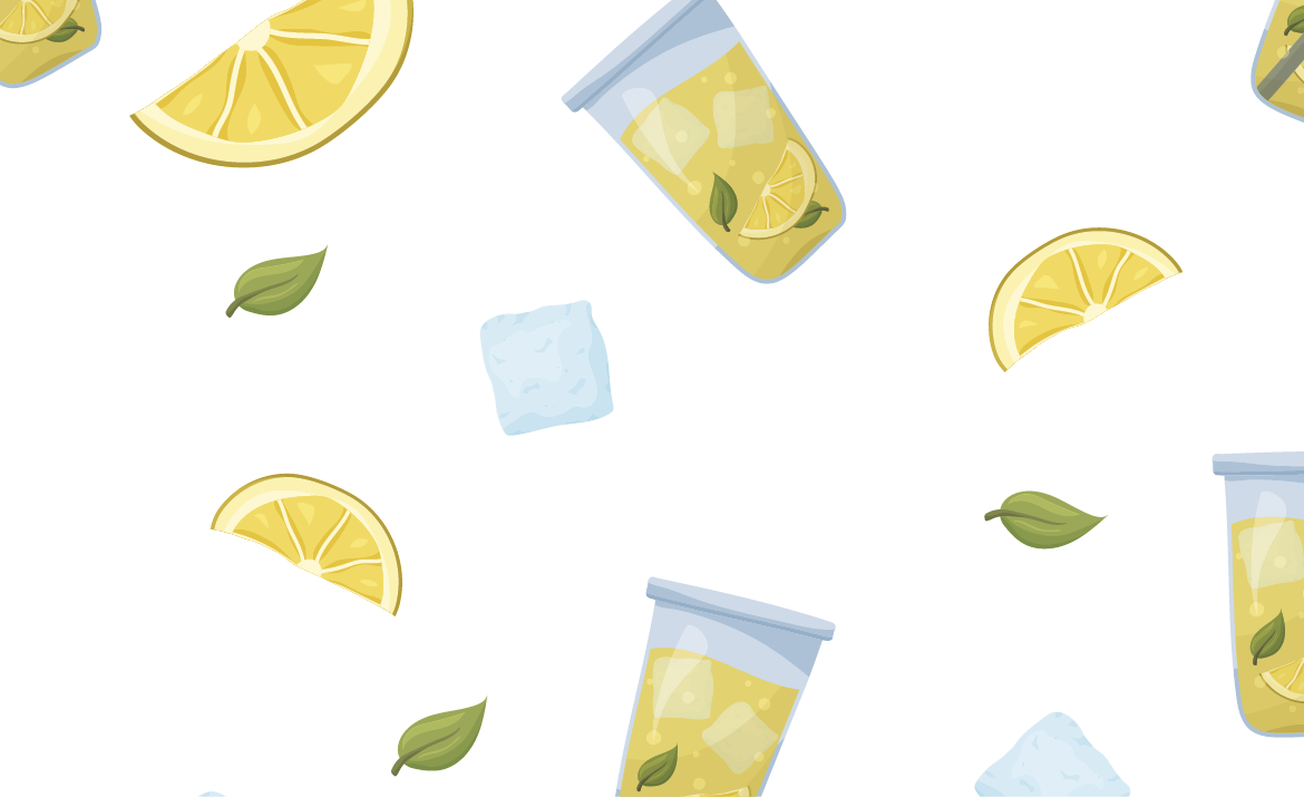 Color seamless vector pattern  Glass of lemonade with ice cubes, lemon slices and mint on white background  Flat food illustration  Cartoon hand drawn drink for print, fabric, paper, packaging