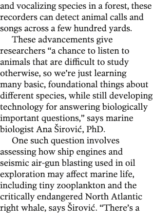 and vocalizing species in a forest, these recorders can detect animal calls and songs across a few hundred yards  The   