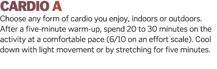 CARDIO A Choose any form of cardio you enjoy, indoors or outdoors  After a five-minute warm-up, spend 20 to 30 minute   